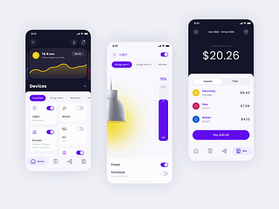 Smart Home App app bills clean ui consumption dashboard design devices home iphonex lamp light mobile mobile app pay system smart home smart house smartapp smarthome ui ux