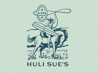 Huli Joe Illustration 1950s aloha asheville badges bbq cowboy grill hawaii hawaiian hula mahalo procreate restaurant branding retro surfer surfer cowboy surfing tiki vintage