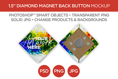 1.5" Diamond Magnet Back Button Mockup & Template advertising branding button diamond graphic design jpg layout logo magnet marketing mockup photography photoshop png promotion psd rare earth smart object square template