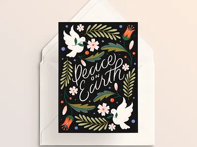 Peace on Earth christmas cursive design dove drawing flowers greeting card hand lettering happy holidays holiday illustration leaves lettering peace typography