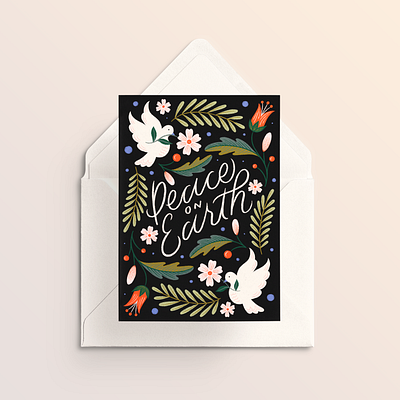 Peace on Earth christmas cursive design dove drawing flowers greeting card hand lettering happy holidays holiday illustration leaves lettering peace typography