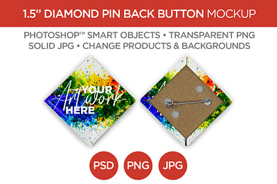 1.5" Diamond Pin Back Button Mockup & Template advertising back branding button diamond graphic design jpg marketing mockup photography photoshop pin png promotions psd square template