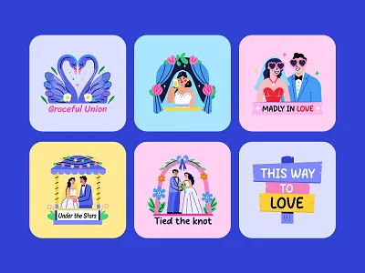 Wedding Stickers Set bride characters flat flat design flat stickers graphic design groom love marriage sticker stickers typography wedding art wedding card wedding couple wedding day wedding design wedding gift wedding invitation wedding stickers