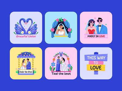 Wedding Stickers Set bride characters flat flat design flat stickers graphic design groom love marriage sticker stickers typography wedding art wedding card wedding couple wedding day wedding design wedding gift wedding invitation wedding stickers