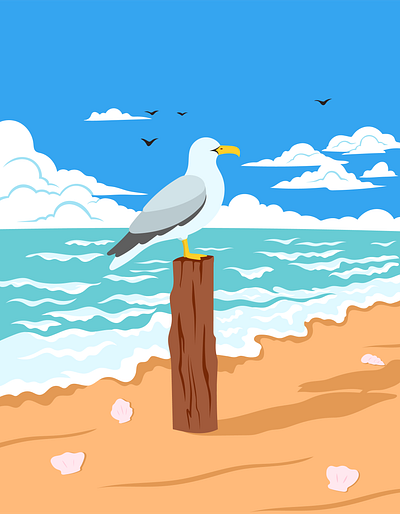 Seagull on the beach illustration animal beach bird cartoon character clouds feather illustration sea seagull