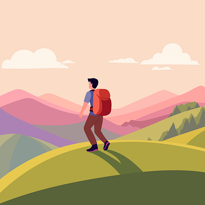 Solo hiking illustration backpack character hiking illustration mountain nature pastels wildlife