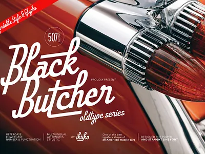 Black Butcher - Oldtype Series 60s american vintage black butcher oldtype series classic car classic typeface display type font muscle car retro retro font retro logo script script font script font with swash script fonts modern swash font vintage vintage font vintage logo