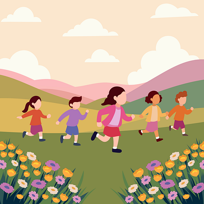 Children playing in the grassland cartoon character children colorful design flower grass grassfield illustration kid kids meadow