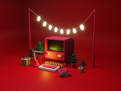 Happy new year 2022 is coming... 2022 3dblender 3dillustration 3dlight 3dmodeling 3dobjects atmosphere cozy gift happynewyear holiday hutcko merry christmas new year oldcomputer oldpc red stylish trees winter trees