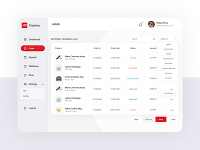 Admin Dashboard Design | Oder Page chat