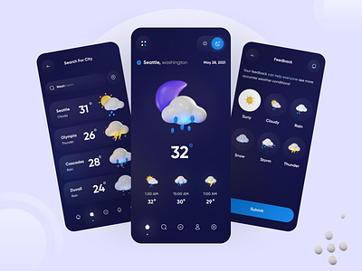 Weather App 🌪️ 3d 3d icon air qu app clean dark design forecasting humidity ios mobile rain search snow ui uidesign weather weather app weather icon wind