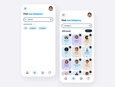 Search Mobile App UI Design - Daily UI #022 app clean daily ui dailyui design filters freelance app listing minimal mobile mobile app modern product design search search bar search results searching ui ui design ux