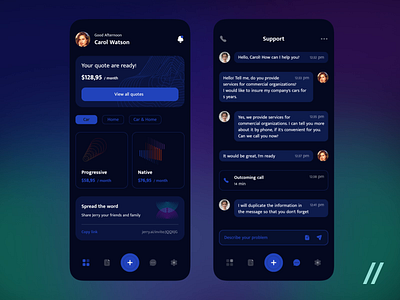 Car Insurance App animation app car car insurance chat dark theme dashboard design insurance mobile mobile app design mvp online purrweb react native startup ui user interface ux vehicle