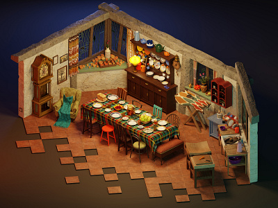 The burrow-dining room 3d 3d art blender burrow digital art diorama harrypotter house illustration isometric low poly magic modeling render room weasley