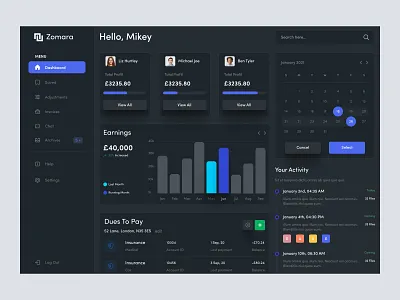Financial Management Dashboard admin admin panel admin theme admin ui analytics cards dark theme dark ui dashboad dashboard grid view interface sidebar uiux user user dashboard user interface
