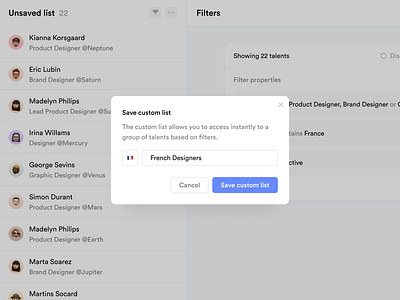 Crew.work — Save custom list ats candidates crew crew.work crm custom list filters input list lists modal popover product product design recruiting saas ui ux