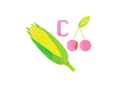 C for corn and cherry abc alphabet art cherry children corn design flat fruit graphic design illustration kids minimal typography vector vegetable