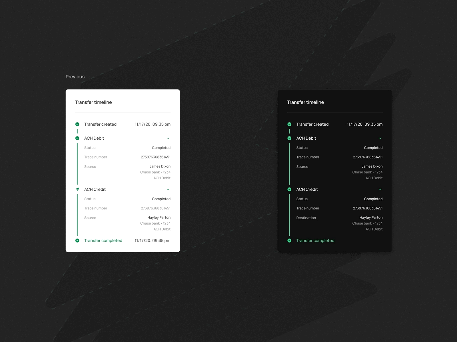 Transfer Timeline alden spence design fintech moov product design ui