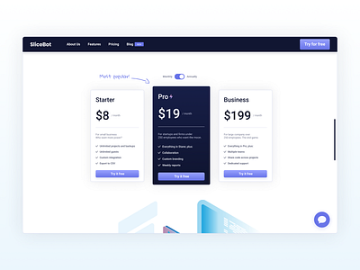 Modern pricing section for SaaS blue brand branding conversion data design graphic design landingpage pricing responsive saas software startup typography ui user interface ux web webdesing website