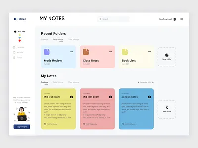 MINO - Note taking app clean dashboard dashboard design dashboard ui note taking notepad pixel navy product product design productivity system to do ui design uiux user experience user interface visual product web app web application web product