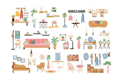 Interior and Decor Set bookself chair cozy creator decor design flat furniture graphic home illustration indoor interior isolated kit plant project sofa vector web