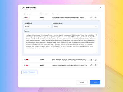 Modal with Add Translation - UI clean ui design desktop inputs interface modal repeater table translation ui userinterface ux web app