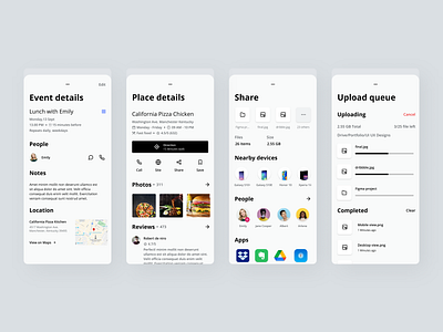 Overlay Menu app calendar cards design details drive event maps menu minimal mobile ui overlay share share sheets ui upload ux