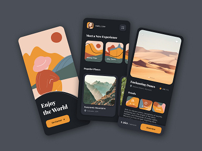 Traveling App Dark Theme app design dark theme graphic design illustration typography ui ui design vector