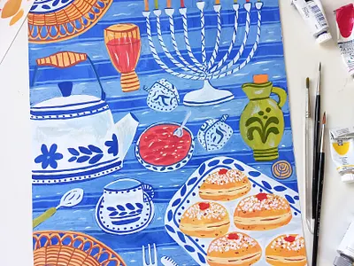 Happy Hanukkah art celebration drawing gouache greeting card hand drawn hanukkah illustration painting