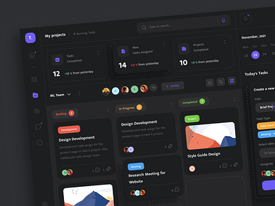 Task Management Dashboard - Dark mode 🌚✨ animation clean dark dashboard design graphic design manage management mobile new popular project task team trend ui uidesign uiux web design