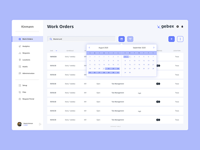 Work Orders - Gebex Dashboard analytics calendar dashboard date picker design landing landing page design minimal orders product product design ui uiux work