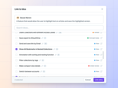 Modal Dialog - Link Customer Feedback to Product Idea bulk actions dialog error handling linking modal multi select purple saas search web