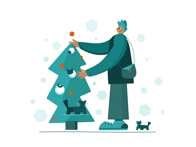 Catch the new year! cat flat green new year people tree