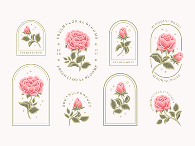 Blooming Rose Flower Branding Elements aesthetic beauty bloom blossom botanical collection digital art feminine floral flower flower illustration hand drawn illustration leaf logo nature peony red rose template