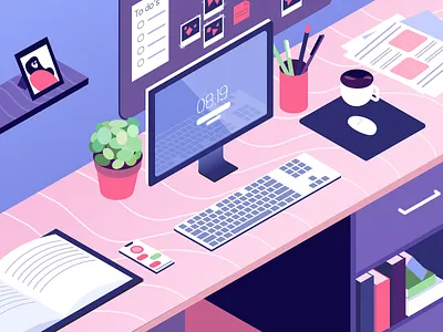 Workspace 2d computer design desk graphic design illustration pink table vector violet work workspace