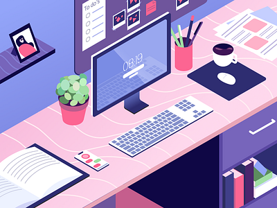 Workspace 2d computer design desk graphic design illustration pink table vector violet work workspace