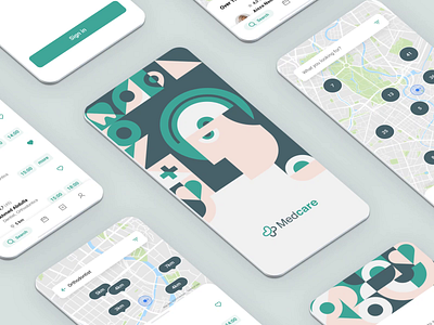 Medcare - Concept Medical App animation app bauhous book clean design doctor geometric green healtcare illustration localisation med mobile search splashscreen tabs ui ux visit