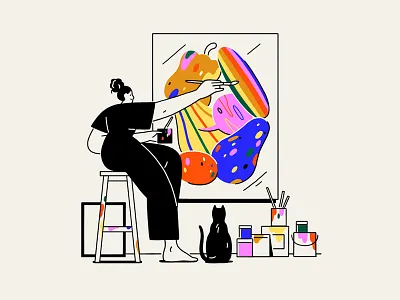 Painter and Her Spectator artwork cat design editorial editorial illustration flat freelancing illustration illustrator nature painter simple spot studio vector