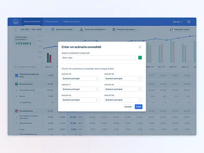 Consolidated scenarios agicap app button colors data dropdown gradient graph icon input interface modal overlay product product design scenario select table ui ux