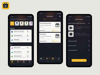 Tools rent app app branding cards categories filter flat fun gradient kit locker logo mobile orders rent rentals tool tools tracking ui ux