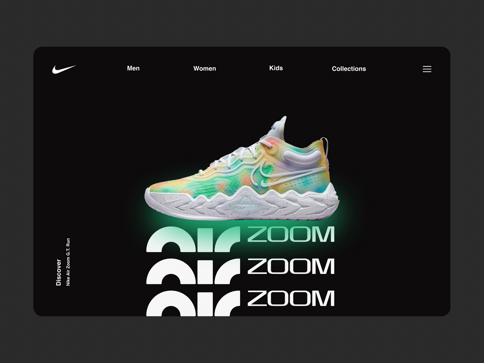 Nike Air Zoom G.T. Run - Landing Page (Hero Design) air animation branding ecommerce gif graphic design landing page logo motion graphics nike nike shoes shoe shopping sneaker sneakers sports ui webpage website zoom