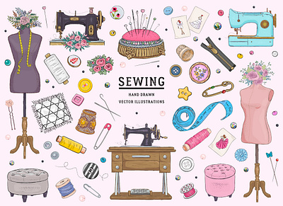 Sewing atelier design hobby illustration needlework sewing sewing machine tailoring vector