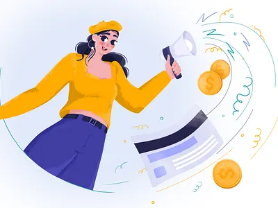 Woman in a Yellow Beret. beret character characterdesing colorful design draw girl illustration marketing money speaker woman yellow