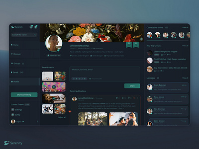 Serenity - Social Media Profile app blue branding dark darkmode dashboard design profile social socialmedia ui ux web webdesign