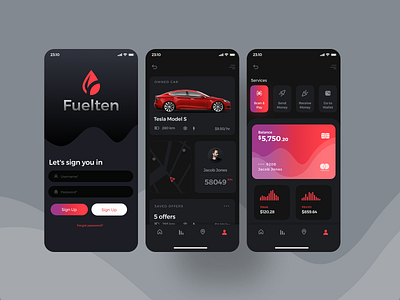 Dark Mobile Design for Gas finder cars clean devilery diesel fleet fuel gas login map mobile oil overview payment ui ux vehicle