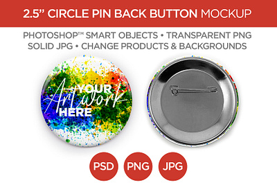 2.5" Circle Pin Back Button Mockup & Template 2.5 advertising button circle digital download image instant jpg marketing mockup photo photography photoshop picture png promotion psd smart object template