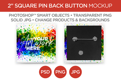 2" Square Pin Back Button Mockup & Template 2 advertising back branding button graphic design image jpg marketing mockup photoshop picture pin png print promotional psd smart object square template