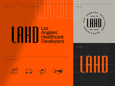 Los Angeles Healthcare Developers Identity acronym logo badge branding construction brand custom type iconography icons identity identity design logo logo guides logotype orange orange brand structural type