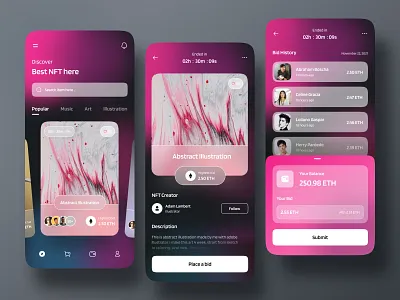 NFT Marketplace App app auction bid crypto cryptocurrency design ethereum fintech interface ios app marketplace mobile app mobile app design mobile design nft app store ui ux
