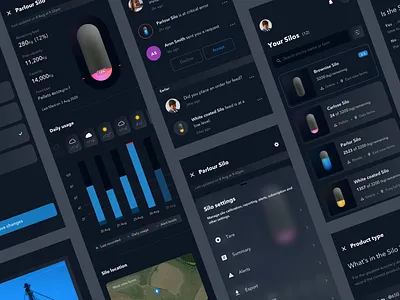 Silos Feed Management Mobile App 3d analytics appdesign clean colors dark theme detail glassmorphism graph icon illustration minimal mobile app notification silo statistics tracking ui ux